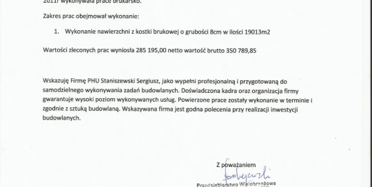 referenecje od przedsiębiorstwo wielobranzowe jędrzejewski za brukowanie